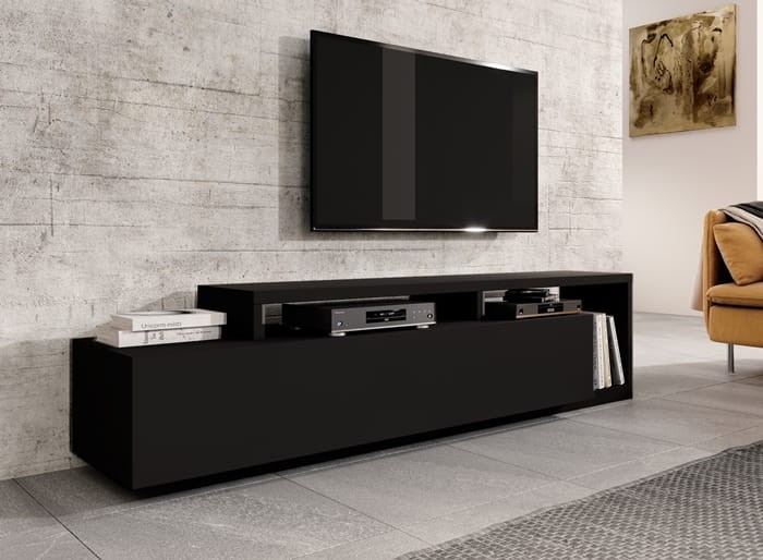 Szafka RTV BOTA Szerokość 219 cm Czarny Supermat Helvetia Meble IMS 24W0FG40 Szafka RTV Półka Nowoczesna Tradycyjna Do Salonu Pokój Dzienny