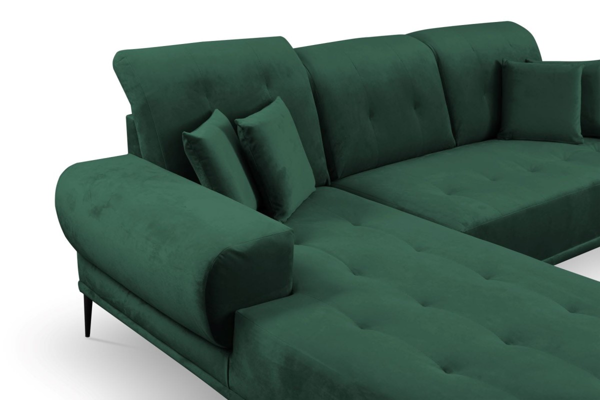 Narożnik RAPALLO Tiffany 10 Butelkowa Zieleń Zielony Styl LOFT Regulowany Zagłówek Wysokie Nóżki Poduszki Gratis.jpg