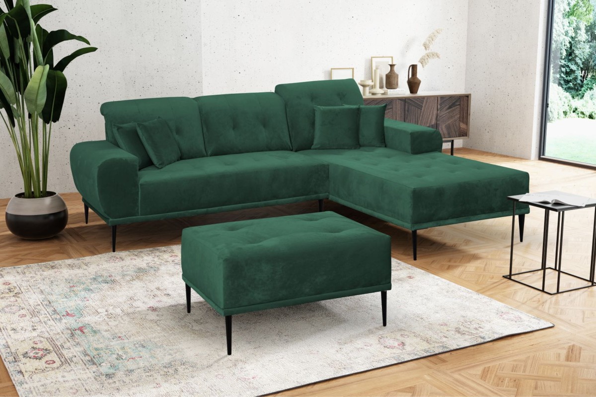 Narożnik RAPALLO Tiffany 10 Butelkowa Zieleń Zielony Styl LOFT Pufa.jpg