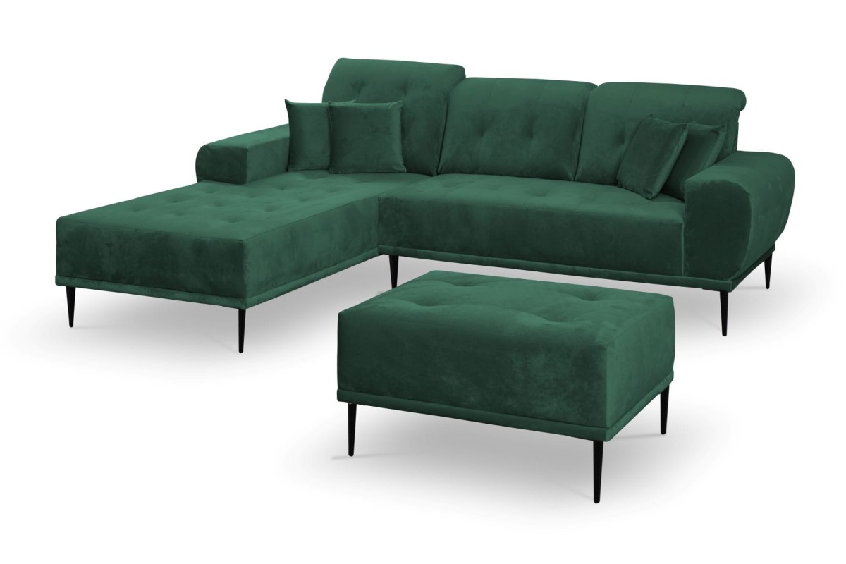 Narożnik RAPALLO Tiffany 10 Butelkowa Zieleń Zielony Styl LOFT Regulowany Zagłówek Pufa Duża.jpg