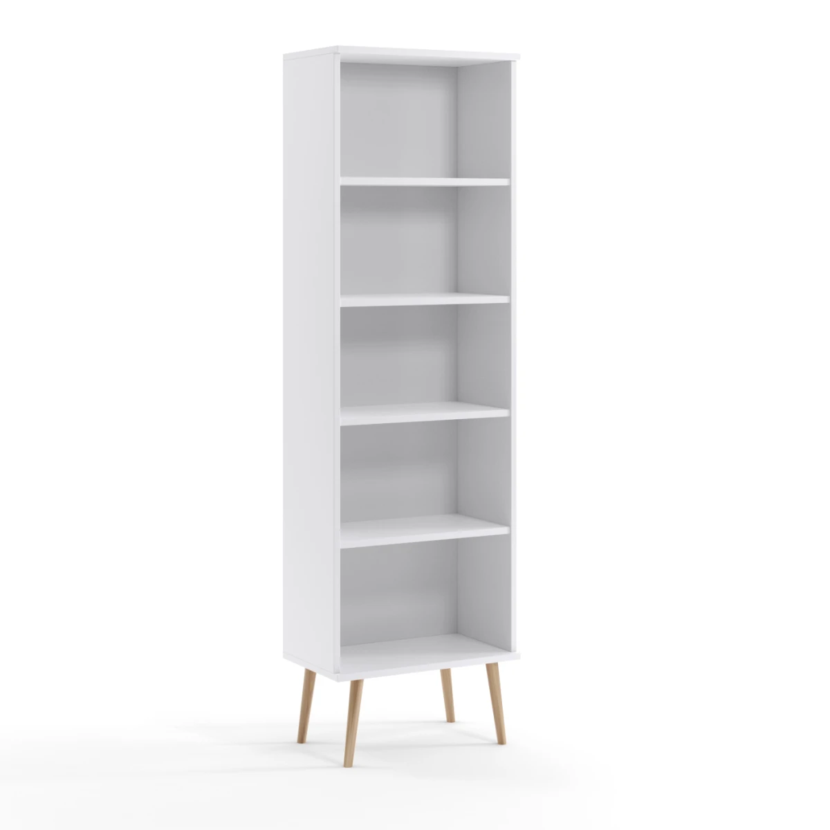 Regał BALI Wysoki Słupek Otwarty Półki Wąski Do Salonu Pokoju W Stylu Skandynawskim BOHO Szerokość 46 cm Biały Wysokie Drewniane Nóżki Oryginalne Uchwyty Jutowe.png