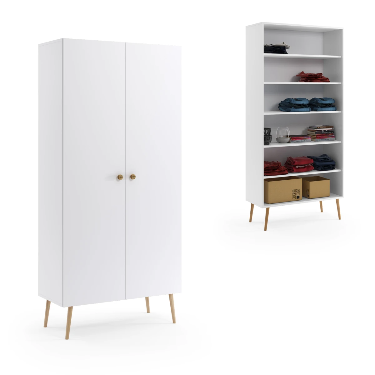 Szafa BALI Półki Do Salonu Pokoju w Stylu Skandynawskim BOHO Szerokość 95 cm Biała Wysokie Drewniane Nóżki Oryginalne Uchwyty Jutowe Nowoczesna.png