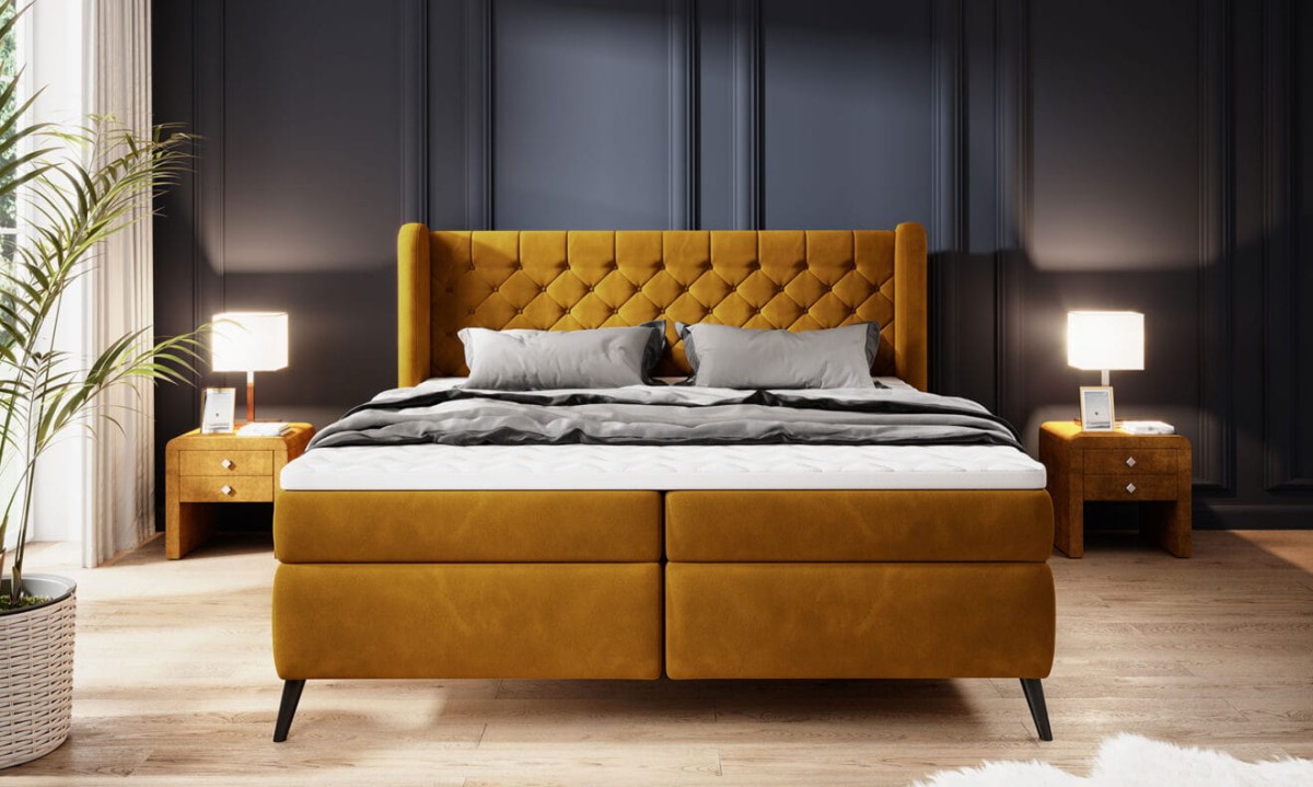 Łóżko Madison Do Sypialni Tkanina Salvador 9 Żółte Miodowe Musztardowe Kontynentalne Materac Bonell Pocket Wersal.jpg