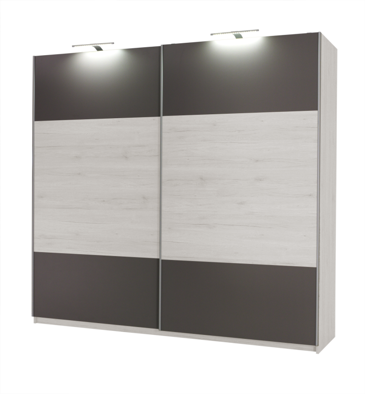 Szafa DIONE Szerokość 225 Front Lustro LED San Remo Popiel Dwudrzwiowa Nowoczesna Do Sypialni Pokoju Garderoba