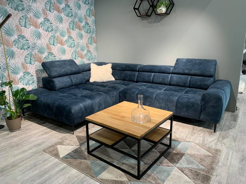 Narożnik Plaza L Do Salonu Pokoju Niebieski Granatowy Elektryczna Regulacja Siedziska Oparcie przesuwne Funkcja Relax Zagłówki Styl LOFT