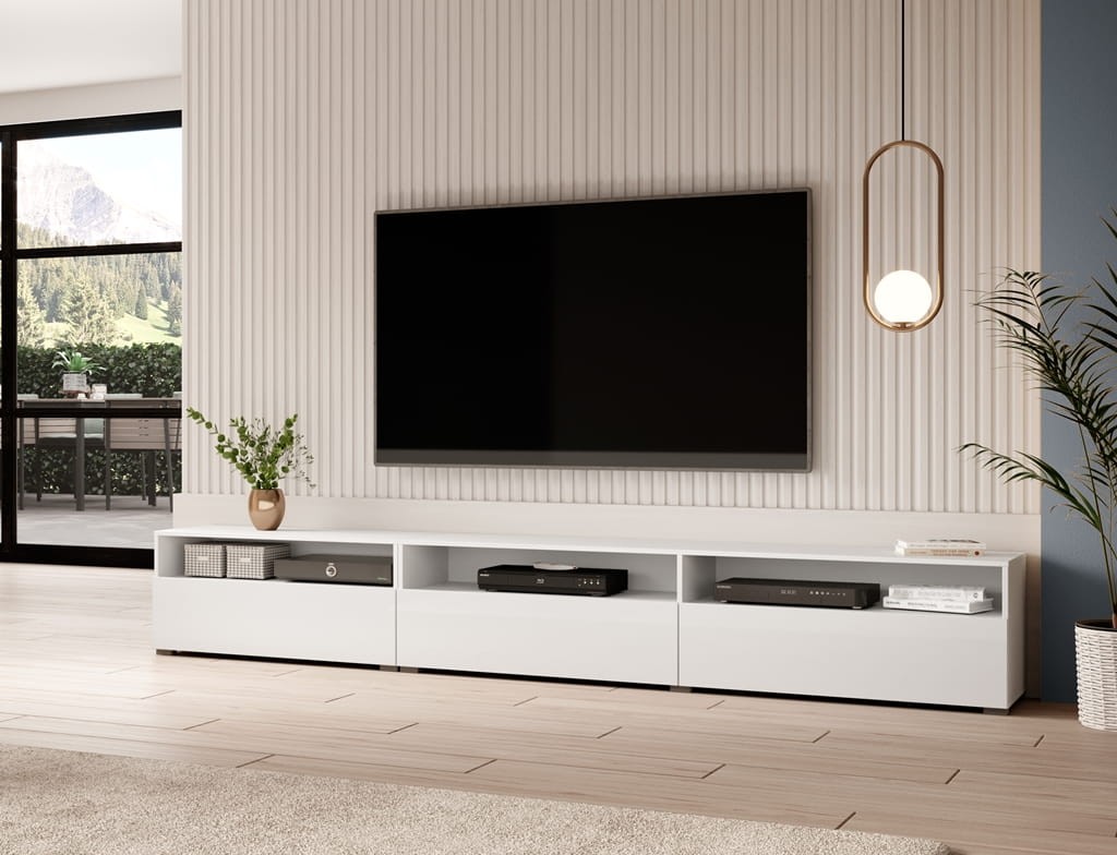 Szafka RTV BAROS Szerokość 270 cm Biały laminat / Biały połysk Helvetia Meble IMS 2497BM40 Szafka RTV Półka Nowoczesna Tradycyjna Do Salonu Pokój Dzienny