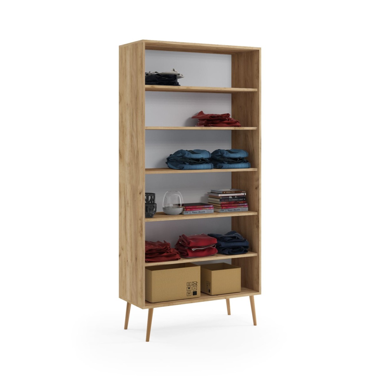 Szafa BALI Półki Do Salonu Pokoju w Stylu Skandynawskim BOHO Szerokość 95 cm Dąb Craft Złoty Kraft Wysokie Drewniane Nóżki Oryginalne Uchwyty Jutowe Nowoczesna Środek.jpg