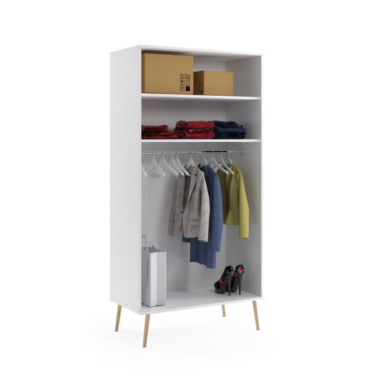 Szafa BALI Półka Drążek Do Salonu Pokoju w Stylu Skandynawskim BOHO Szerokość 1500 cm Biała Wysokie Drewniane Nóżki Oryginalne Uchwyty Jutowe Nowoczesna Środek Wnętrze.jpg