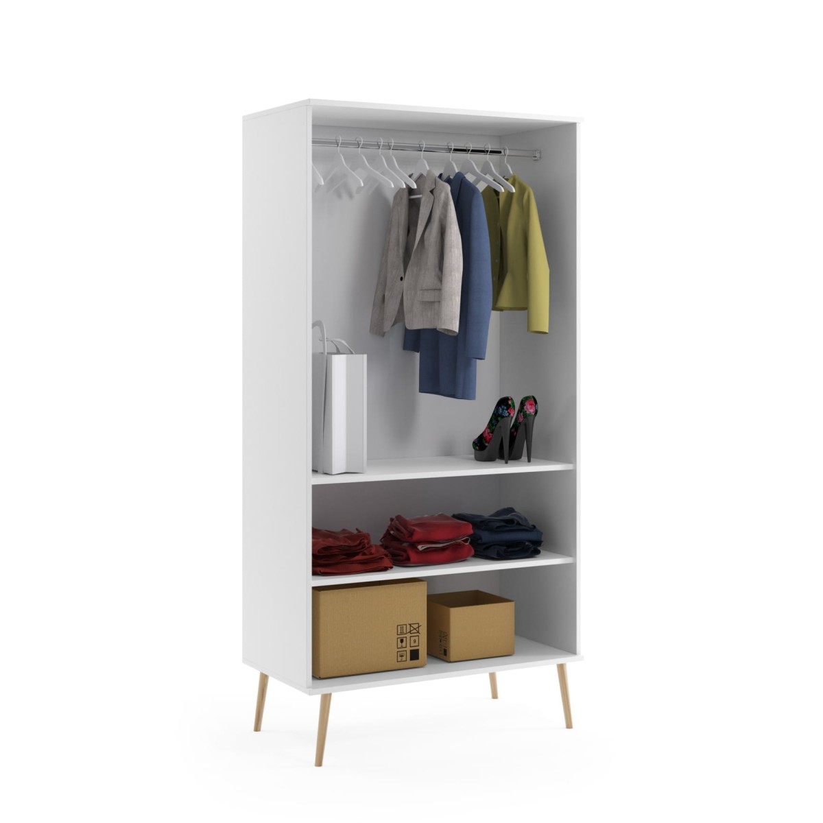 Szafa BALI Półka Drążek Do Salonu Pokoju w Stylu Skandynawskim BOHO Szerokość 1500 cm Biała Wysokie Drewniane Nóżki Oryginalne Uchwyty Jutowe Nowoczesna Środek.jpg