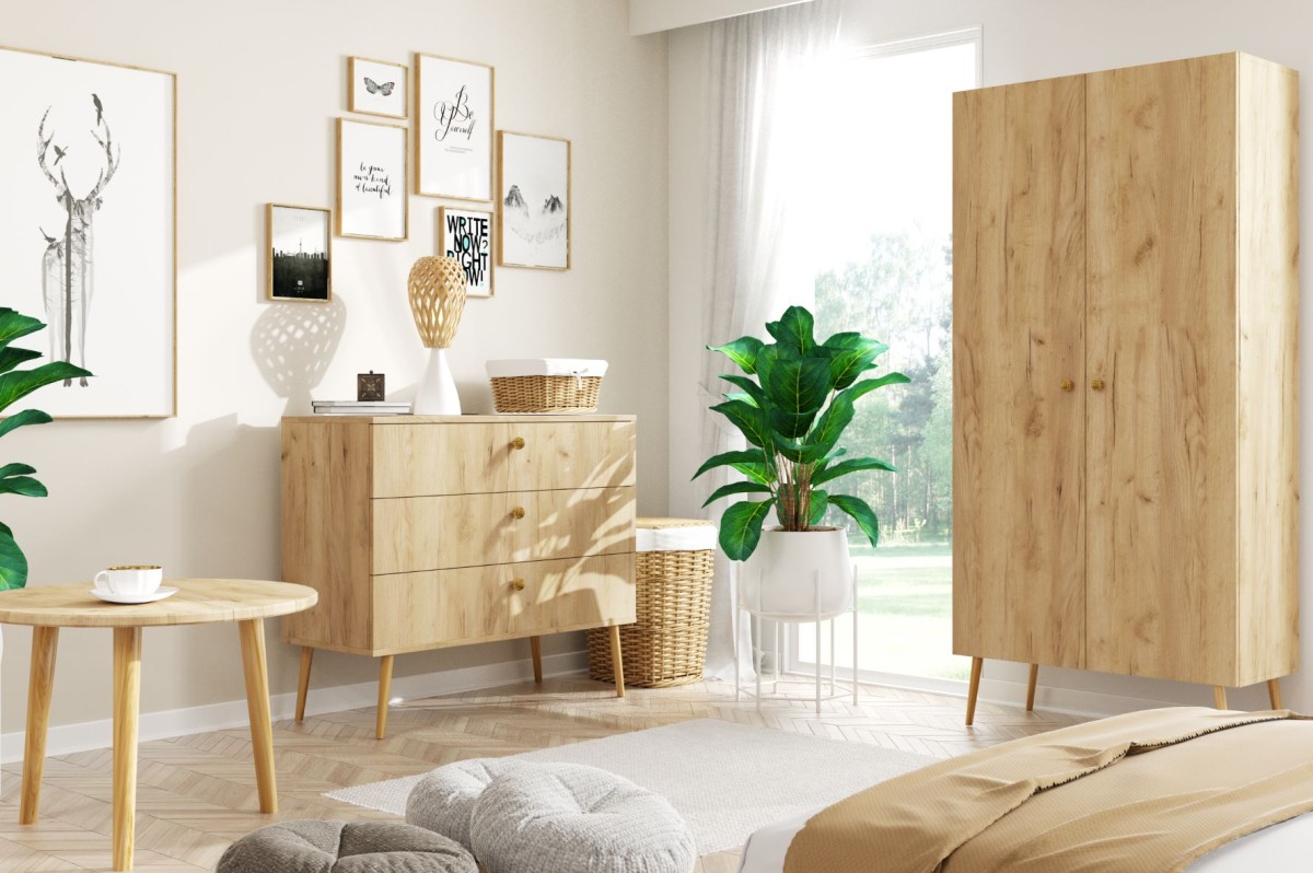 Meble BALI Do Salonu Pokoju W Stylu Skandynawskim BOHO Dąb Craft Złoty KraftWysokie Drewniane Nóżki Oryginalne Uchwyty Jutowe Nowoczesne Komoda Szafa.jpg
