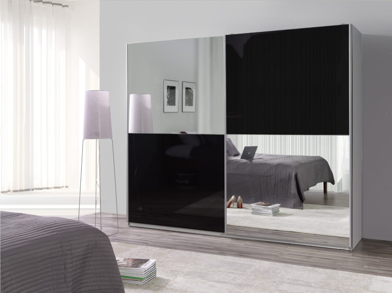 Szafa Przesuwna  LUX 26 Biała Front Czarny Połysk Lustro Szachownica Szerokość 244 cm Wysokość 206 cm Do Sypialni Garderoba Pokoju Drążek Półki