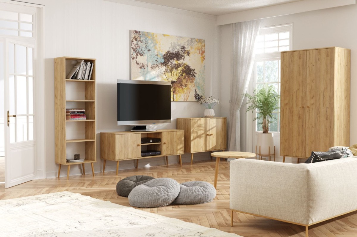 Meble BALI Do Salonu Pokoju W Stylu Skandynawskim BOHO Dąb Craft Złoty Kraft Wysokie Drewniane Nóżki Oryginalne Uchwyty Jutowe Nowoczesne Komoda Szafa.jpg