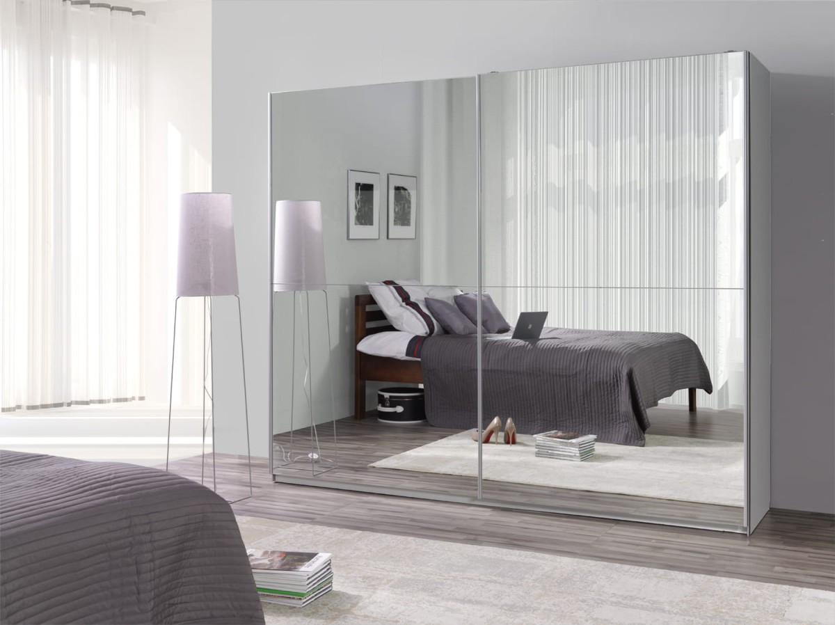 Szafa Przesuwna LUX 27 Biała Front Lustro Szerokość 244 cm Wysokość 206 cm Do Sypialni Garderoba Pokoju Drążek Półki