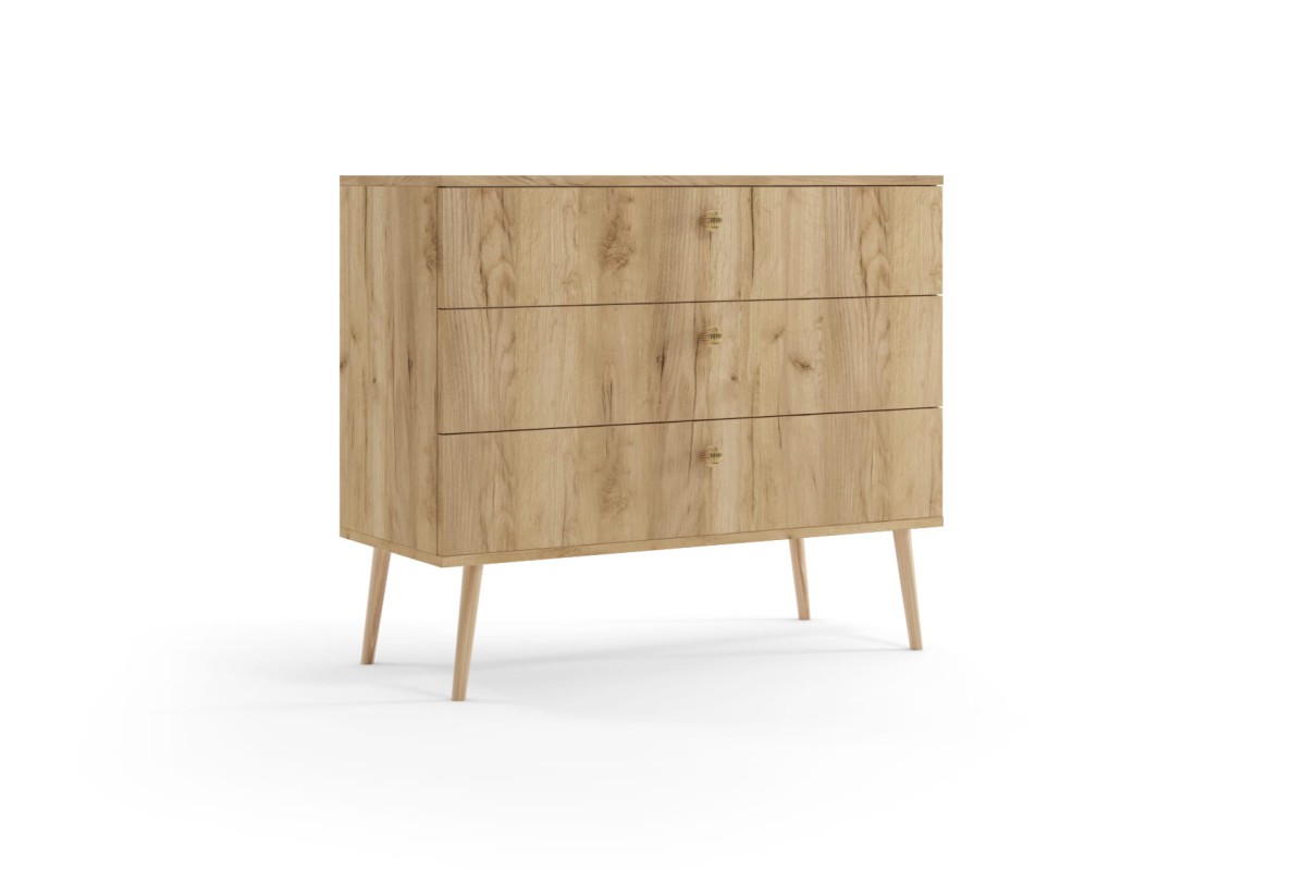 Komoda BALI Z 3 Szufladami Do Salonu Pokoju W Stylu Skandynawskim BOHO Szerokość 100 cm Dąb Craft Kraft Złoty Wysokie Drewniane Nóżki Oryginalne Uchwyty Jutowe.jpg