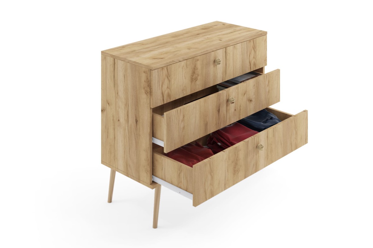 Komoda BALI Z 3 Szufladami Do Salonu Pokoju W Stylu Skandynawskim BOHO Szerokość 100 cm Dąb Craft Złoty Kraft Wysokie Drewniane Nóżki Oryginalne Uchwyty Jutowe Nowoczesna Otwarta.jpg