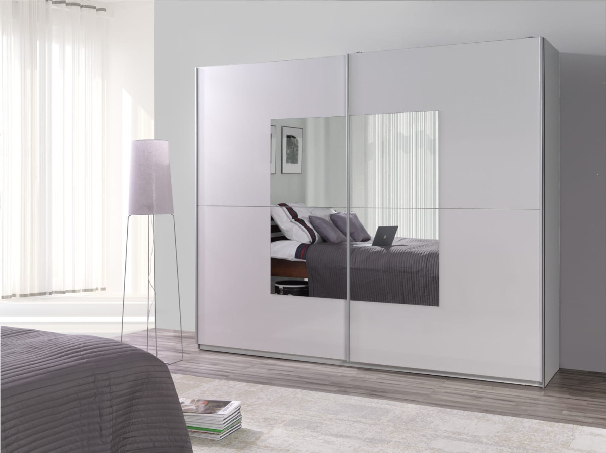Szafa Przesuwna LUX 30 Biała Front Biały Lustro Szerokość 244 cm Wysokość 206 cm Do Sypialni Garderoba Pokoju Drążek Półki