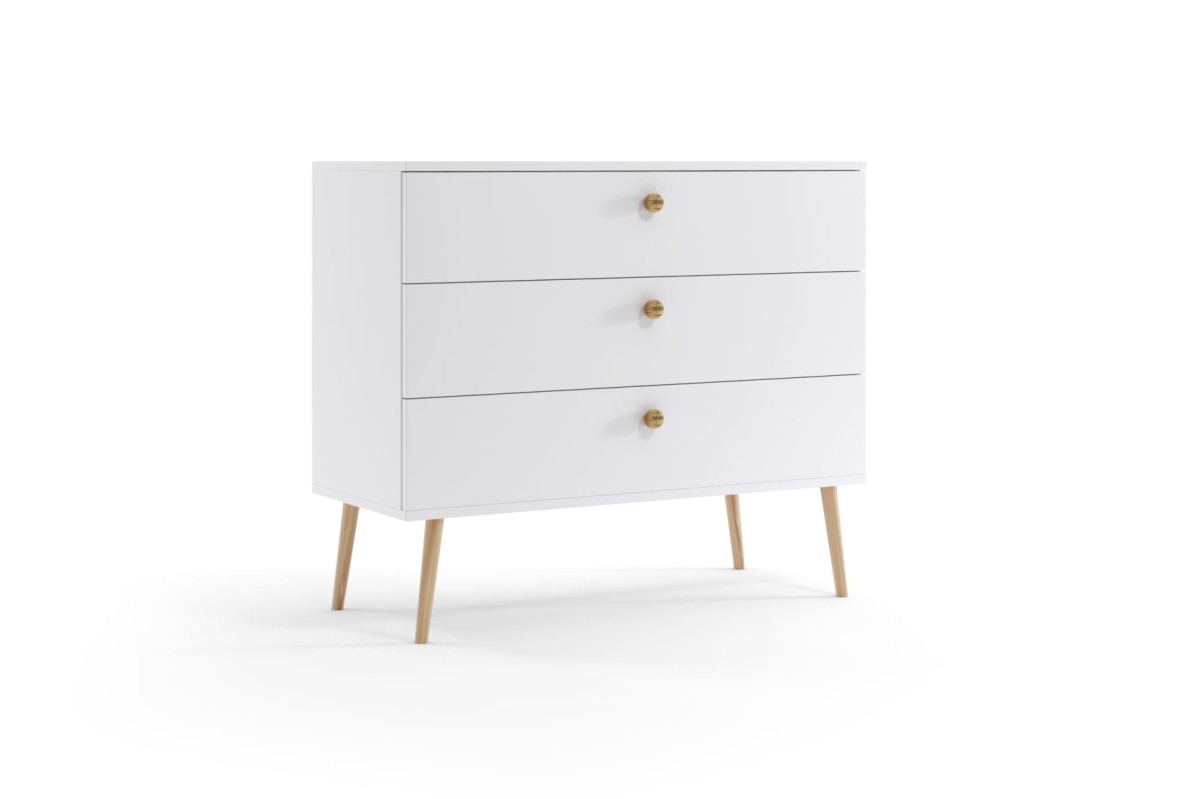 Komoda BALI Z 3 Szufladami Do Salonu Pokoju W Stylu Skandynawskim BOHO Szerokość 100 cm Biała Wysokie Drewniane Nóżki Oryginalne Uchwyty Jutowe.jpg