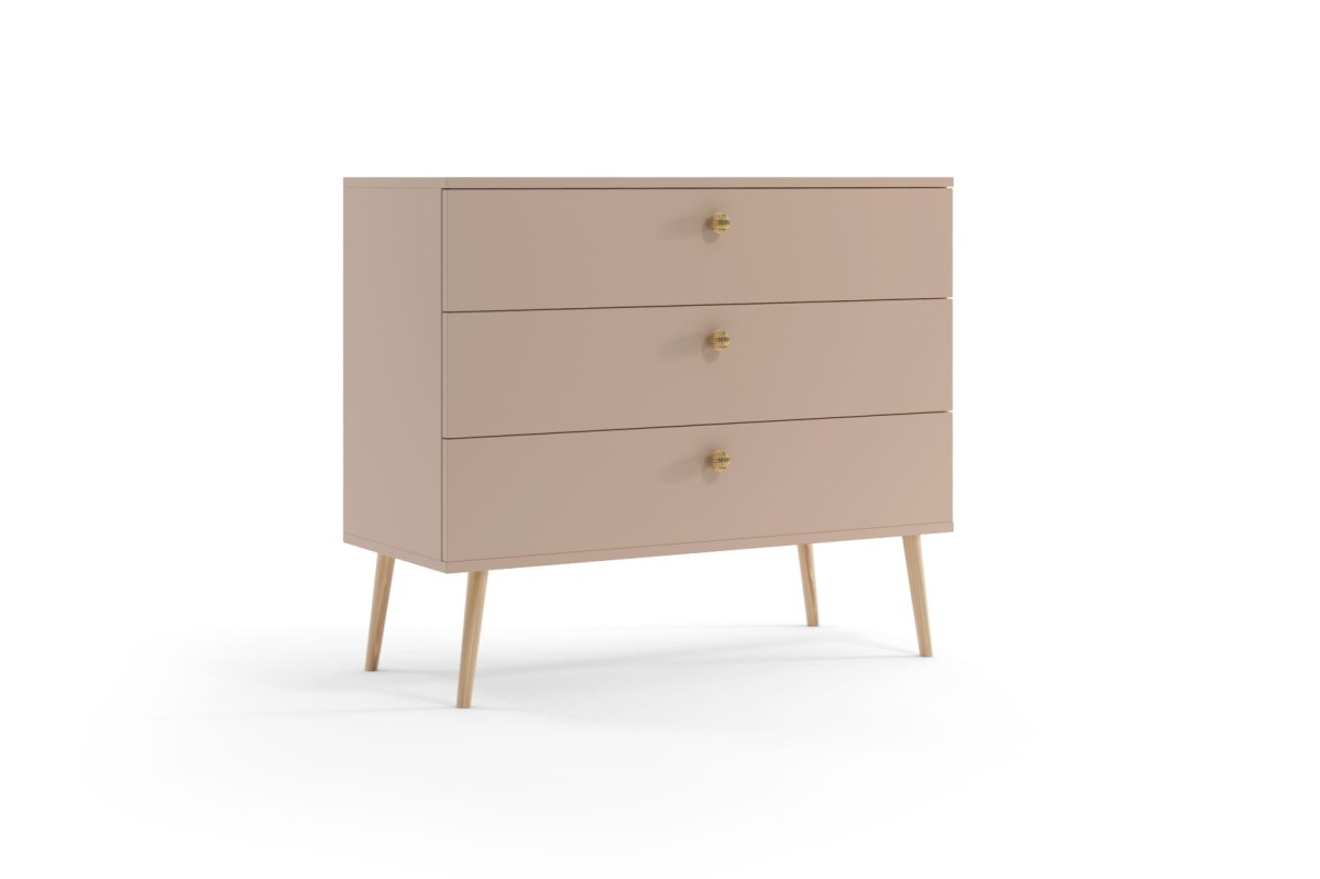 Komoda BALI Z 3 Szufladami Do Salonu Pokoju W Stylu Skandynawskim BOHO Szerokość 100 cm Macchiato Wysokie Drewniane Nóżki Oryginalne Uchwyty Jutowe.jpg