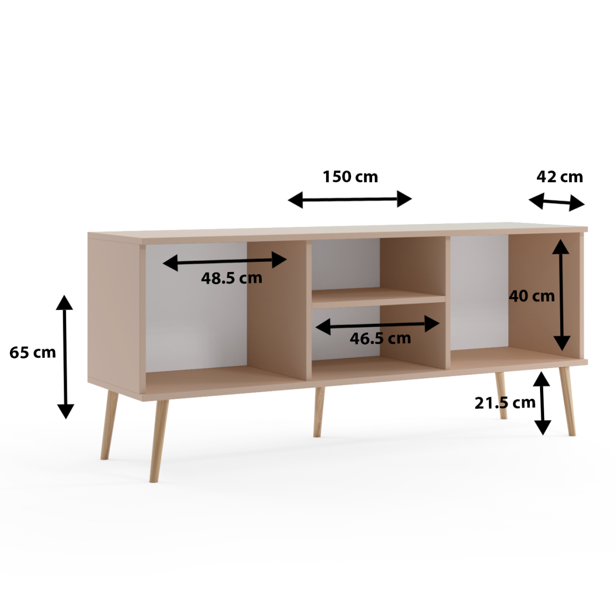 Szafka RTV BALI Z Drzwiczkami Półka Do Salonu Pokoju w Stylu Skandynawskim BOHO Szerokość 150 cm Biała Wysokie Drewniane Nóżki Oryginalne Uchwyty Jutowe Nowoczesna Wymiary.png
