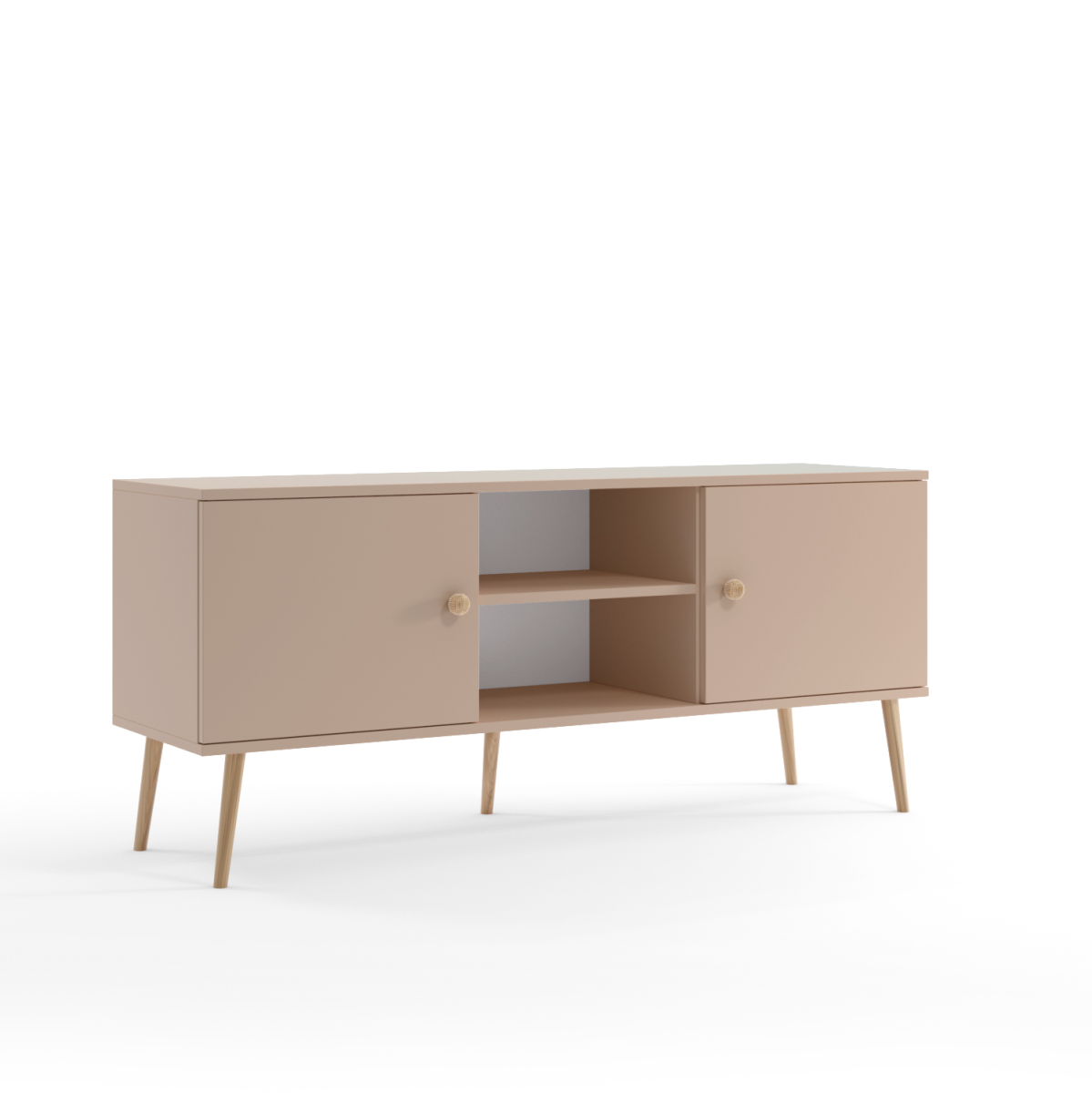 Szafka RTV BALI Z Drzwiczkami Półka Do Salonu Pokoju w Stylu Skandynawskim BOHO Szerokość 150 cm Macchiato Wysokie Drewniane Nóżki Oryginalne Uchwyty Jutowe Nowoczesna.png