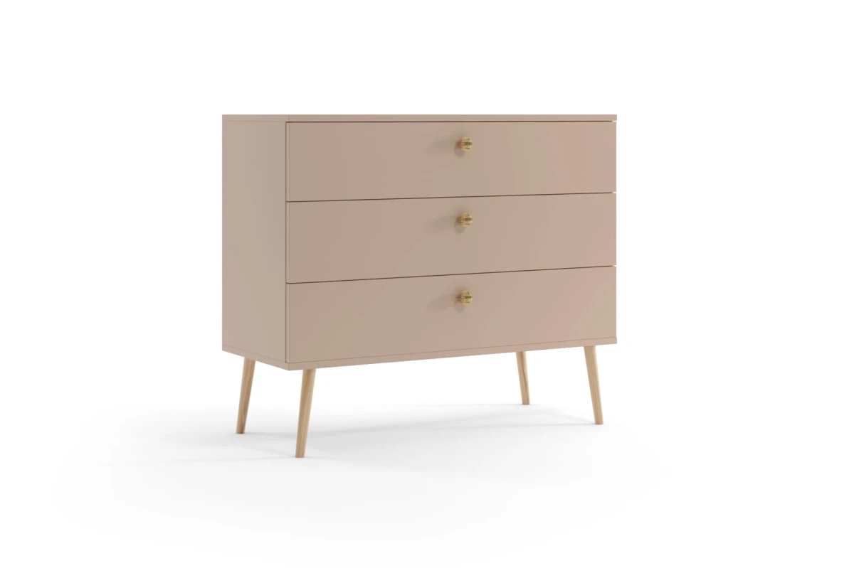 Komoda BALI Z 3 Szufladami Do Salonu Pokoju W Stylu Skandynawskim BOHO Szerokość 100 cm Macchiato Wysokie Drewniane Nóżki Oryginalne Uchwyty Jutowe.jpg