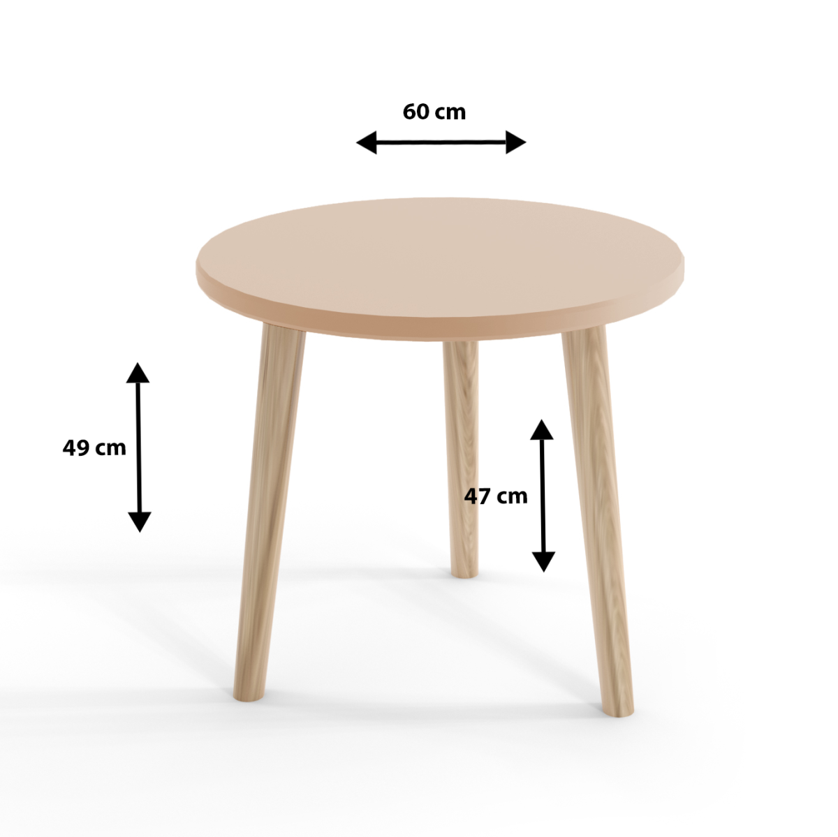 Stolik BALI Do Salonu Pokoju Okrągły w Stylu Skandynawskim BOHO Szerokość 60 cm Biały Wysokie Drewniane Nóżki Nowoczesny Wymiary.png