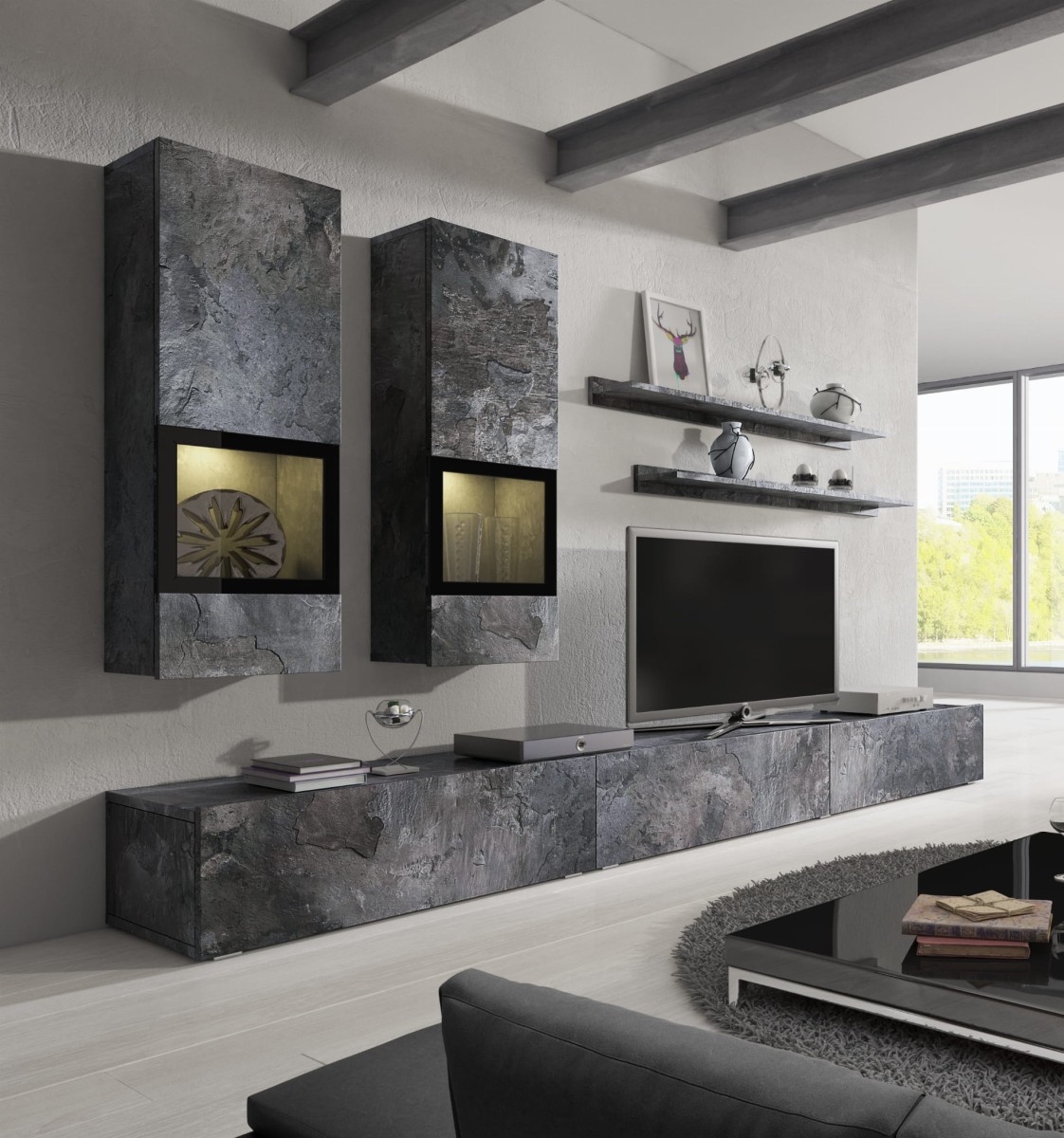 Meblościanka BAROS Schiefer Helvetia Meble IMS 24B0BM10 Meblościanka Nowoczesna Tradycyjna Do Salonu Pokój Dzienny