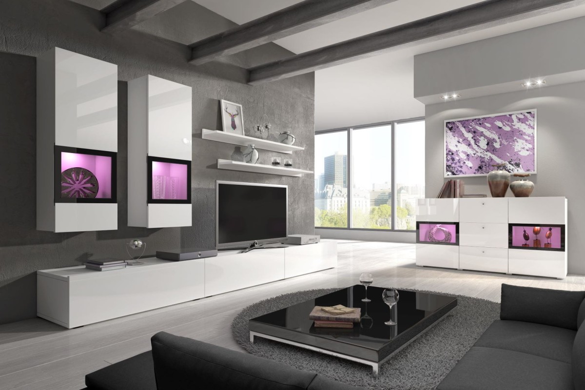 Meblościanka BAROS BIała Połysk Do Pokoju Salonu KOmoda Szafka RTV 270 cm Szerokość LED.jpg