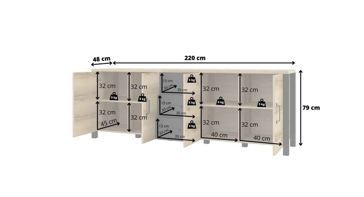 Komoda OLIN Szerokość 220 cm Appenzeller / czarny Helvetia Meble 24ABJC25 Komoda Nowoczesna Tradycyjna Do Salonu Pokój Dzienny