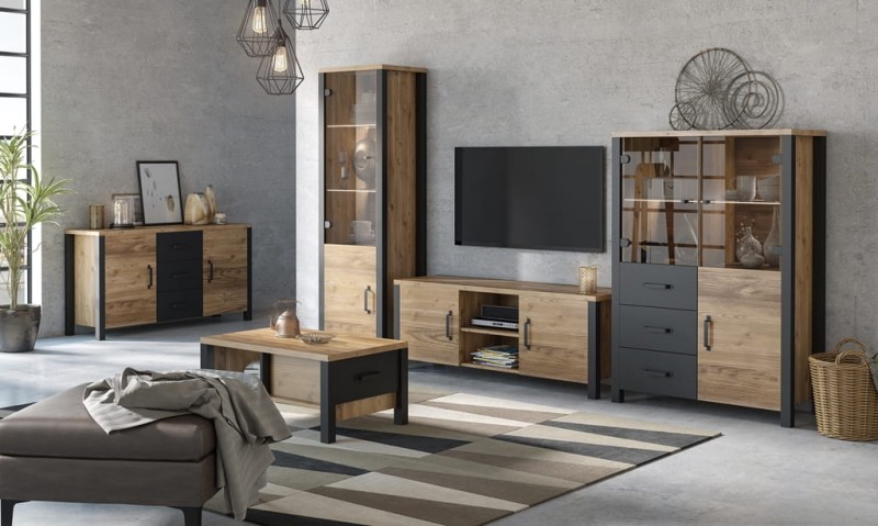 Pokój dzienny Meblościanka OLIN Appenzeller / czarny Helvetia Meble 24ABJC44 41 05 99 26 Meble Meblościanka Nowoczesna Tradycyjna Do Salonu Pokój Dzienny