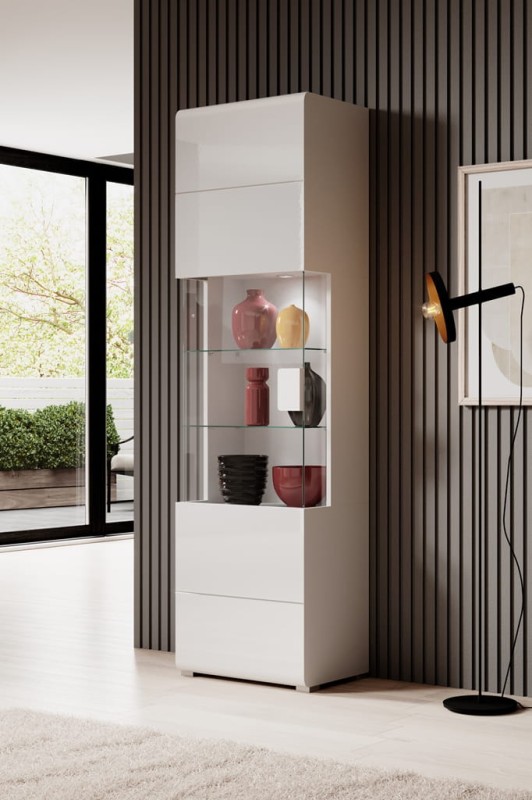 Witryna TOLEDO Szerokość 61 cm Biały laminat / biały połysk Helvetia Meble 2498DW05 Witryna Nowoczesna Tradycyjna Do Salonu Pokój Dzienny