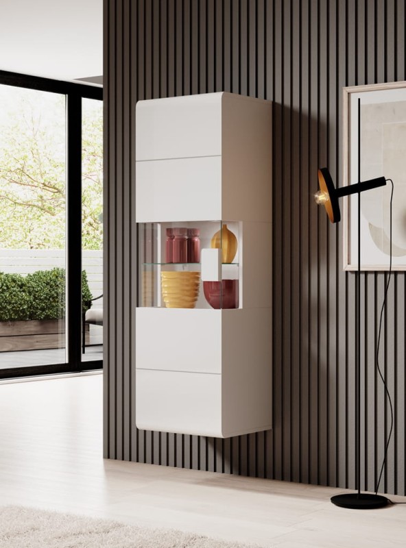 Witryna wisząca TOLEDO Szerokość 53 cm Biały laminat / biały połysk Helvetia Meble 2498DW07 Szafka Nowoczesna Tradycyjna Do Salonu Pokój Dzienny