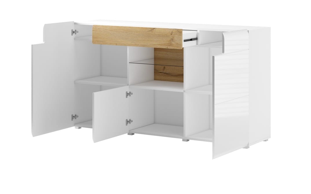 Komoda z wnęką TOLEDO Szerokość 159 cm Biały laminat / biały połysk Helvetia Meble 2498DW26 Szafka Nowoczesna Tradycyjna Do Salonu Pokój Dzienny