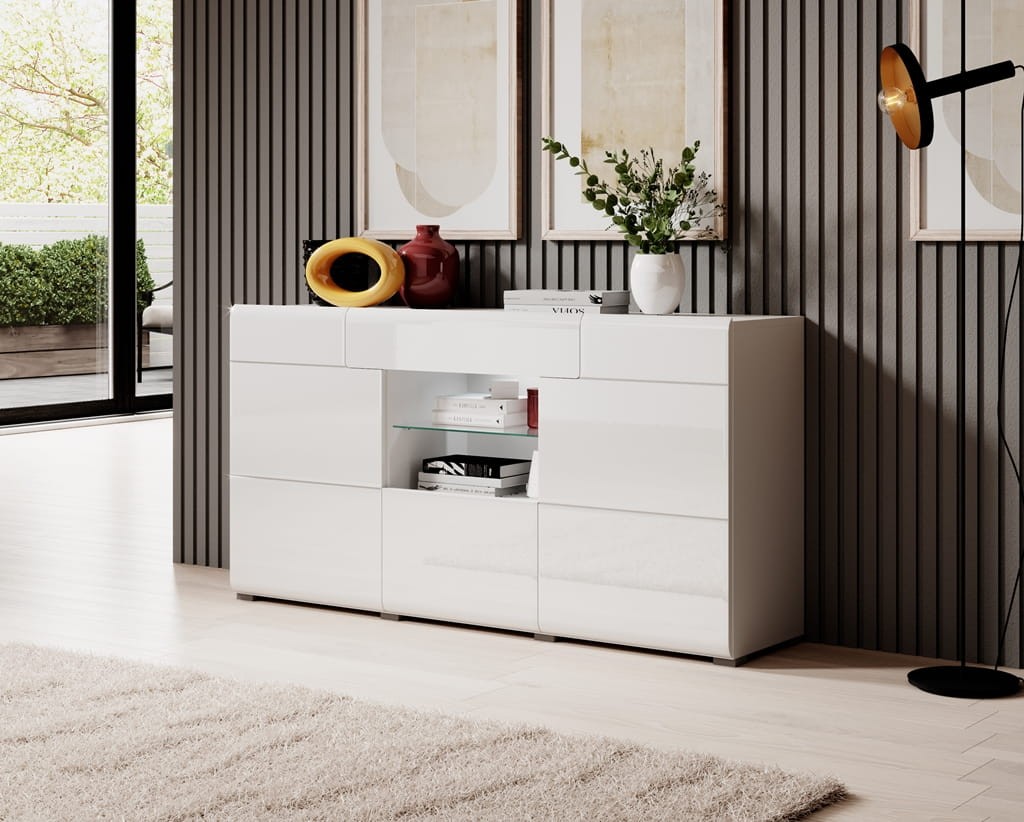 Komoda z wnęką TOLEDO Szerokość 159 cm Biały laminat / biały połysk Helvetia Meble 2498DW26 Szafka Nowoczesna Tradycyjna Do Salonu Pokój Dzienny