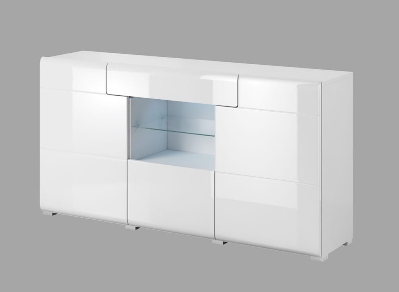 Komoda z wnęką TOLEDO Szerokość 159 cm Biały laminat / biały połysk Helvetia Meble 2498DW26 Szafka Nowoczesna Tradycyjna Do Salonu Pokój Dzienny