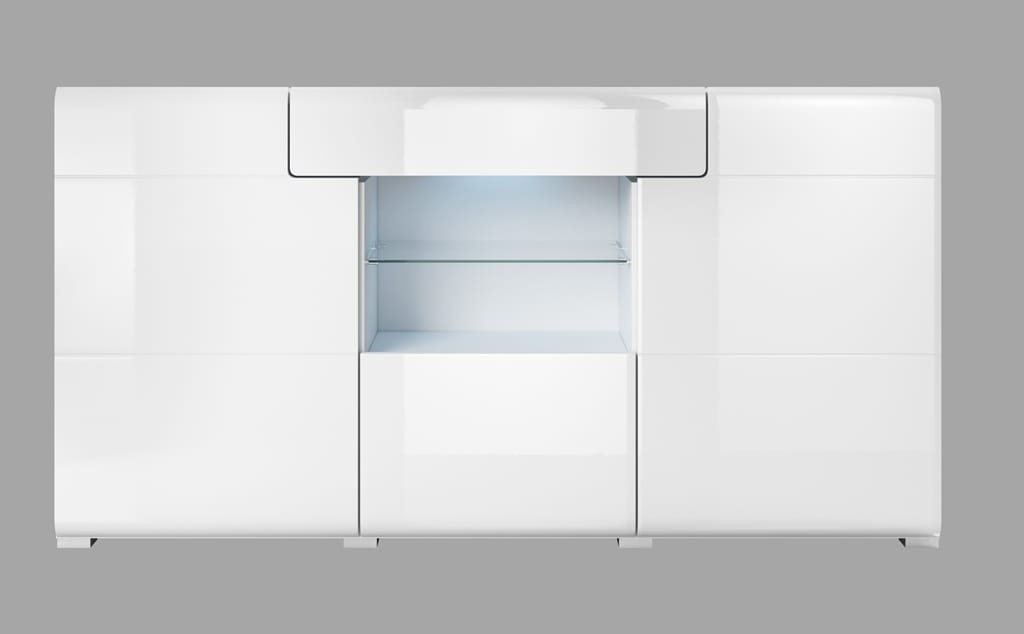 Komoda z wnęką TOLEDO Szerokość 159 cm Biały laminat / biały połysk Helvetia Meble 2498DW26 Szafka Nowoczesna Tradycyjna Do Salonu Pokój Dzienny