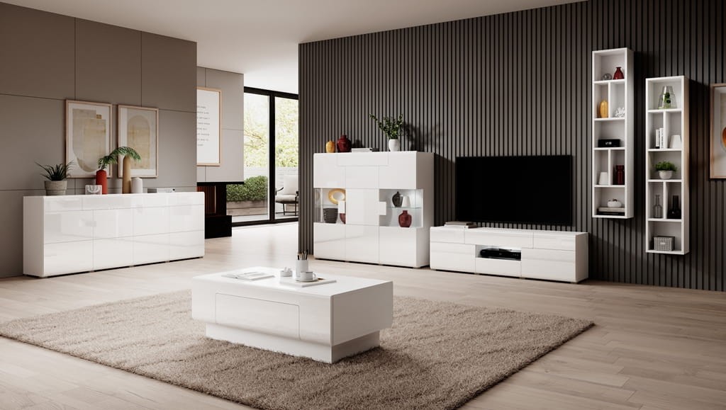 Komoda z wnęką TOLEDO Szerokość 159 cm Biały laminat / biały połysk Helvetia Meble 2498DW26 Szafka Nowoczesna Tradycyjna Do Salonu Pokój Dzienny