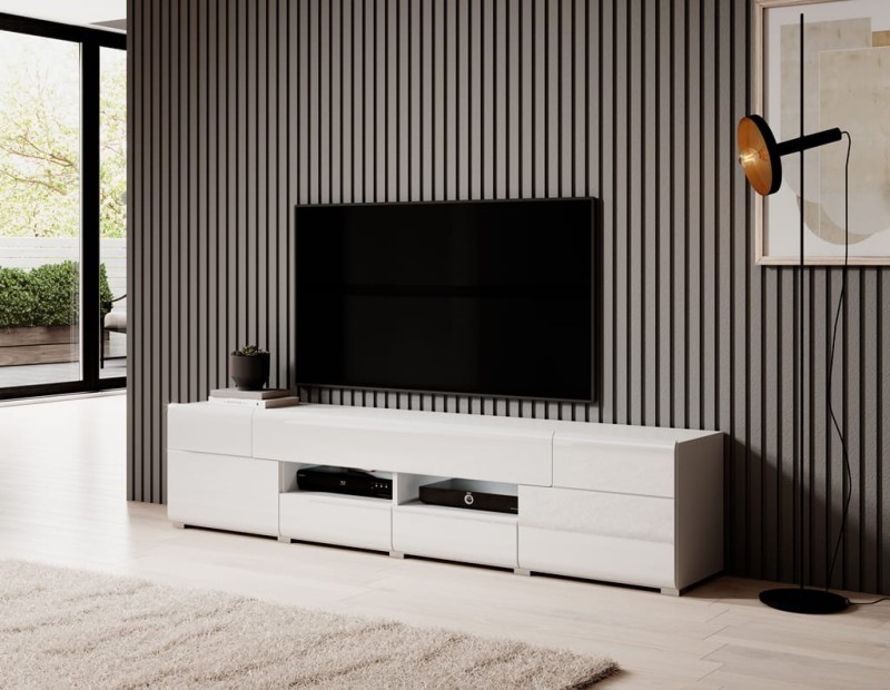 Szafka RTV duża TOLEDO Szerokość 208 cm Biały laminat / biały połysk Helvetia Meble 2498DW40 Szafka Nowoczesna Tradycyjna Do Salonu Pokój Dzienny