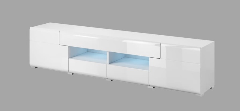 Szafka RTV duża TOLEDO Szerokość 208 cm Biały laminat / biały połysk Helvetia Meble 2498DW40 Szafka Nowoczesna Tradycyjna Do Salonu Pokój Dzienny