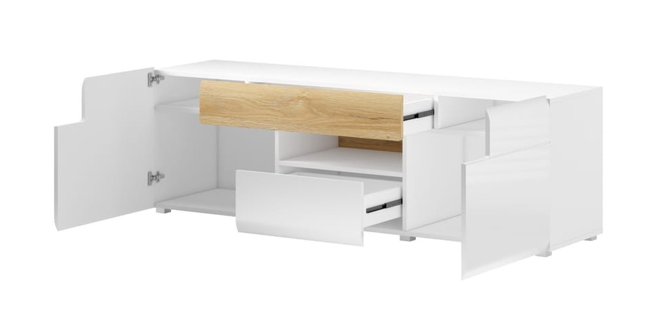 Szafka RTV mała TOLEDO Szerokość 159 cm Biały laminat / biały połysk Helvetia Meble 2498DW41 Szafka Nowoczesna Tradycyjna Do Salonu Pokój Dzienny