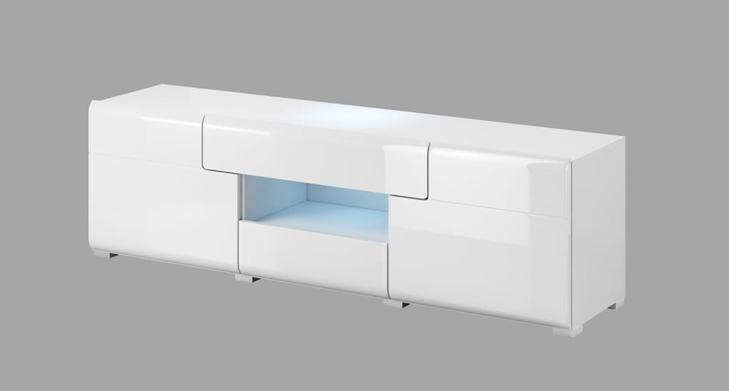 Szafka RTV mała TOLEDO Szerokość 159 cm Biały laminat / biały połysk Helvetia Meble 2498DW41 Szafka Nowoczesna Tradycyjna Do Salonu Pokój Dzienny