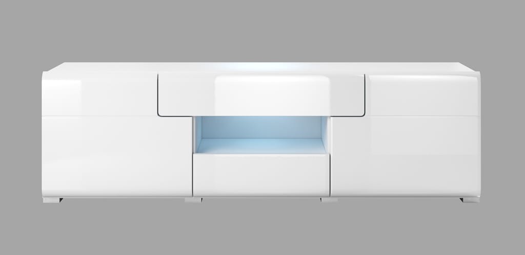 Szafka RTV mała TOLEDO Szerokość 159 cm Biały laminat / biały połysk Helvetia Meble 2498DW41 Szafka Nowoczesna Tradycyjna Do Salonu Pokój Dzienny