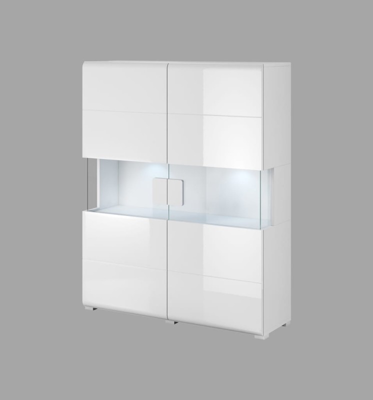 Komoda wysoka TOLEDO Szerokość 122 cm Biały laminat / biały połysk Helvetia Meble 2498DW42 Szafka Nowoczesna Tradycyjna Do Salonu Pokój Dzienny