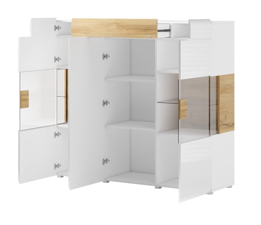 Komoda TOLEDO Szerokość 147 cm Biały laminat / biały połysk Helvetia Meble 2498DW46 2498DW46 Szafka Nowoczesna Tradycyjna Do Salonu Pokój Dzienny