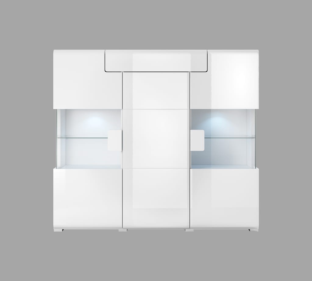 Komoda TOLEDO Szerokość 147 cm Biały laminat / biały połysk Helvetia Meble 2498DW46 2498DW46 Szafka Nowoczesna Tradycyjna Do Salonu Pokój Dzienny