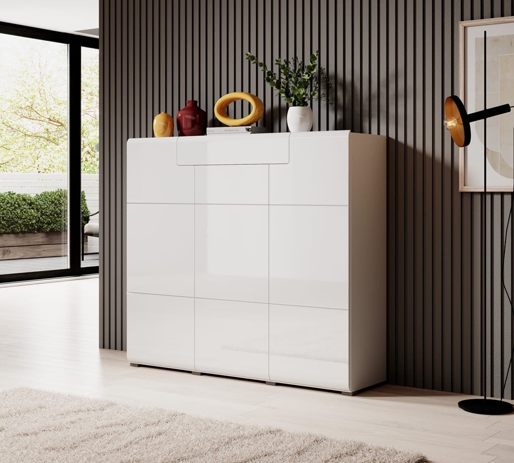 Komoda wysoka TOLEDO Szerokość 147 cm Biały laminat / biały połysk Helvetia Meble 2498DW76 2498DW46 Szafka Nowoczesna Tradycyjna Do Salonu Pokój Dzienny