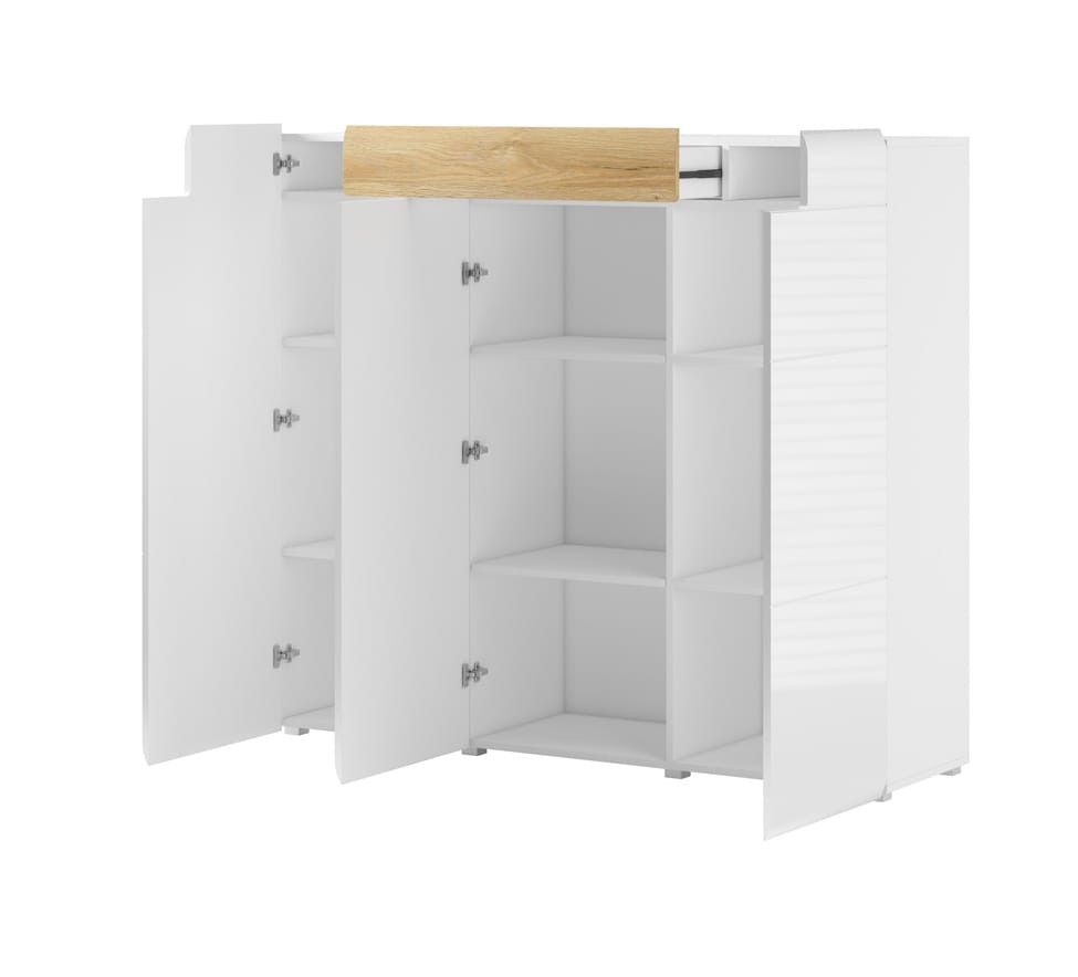 Komoda wysoka TOLEDO Szerokość 147 cm Biały laminat / biały połysk Helvetia Meble 2498DW76 2498DW46 Szafka Nowoczesna Tradycyjna Do Salonu Pokój Dzienny