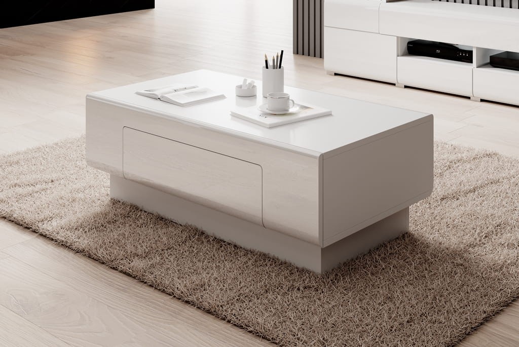 Stolik kawowy TOLEDO Szerokość 110 cm Biały laminat / biały połysk Helvetia Meble 2498DW99 Regał Nowoczesny Tradycyjny Do Salonu Pokój Dzienn