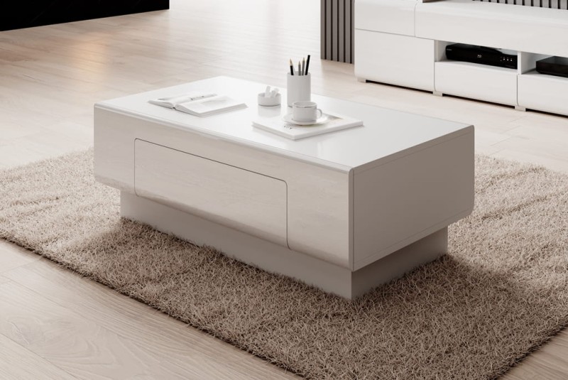 Stolik kawowy TOLEDO Szerokość 110 cm Biały laminat / biały połysk Helvetia Meble 2498DW99 Regał Nowoczesny Tradycyjny Do Salonu Pokój Dzienn