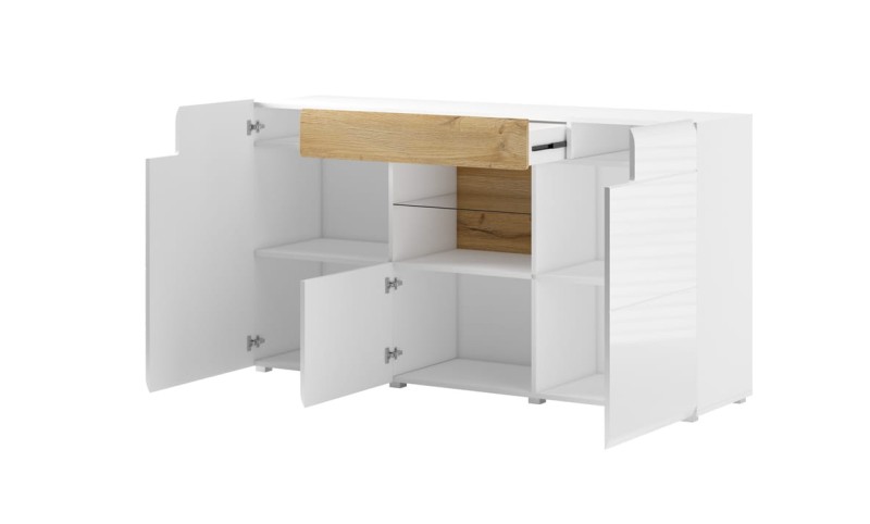 Komoda z wnęką TOLEDO Szerokość 159 cm Biały laminat - san remo/Biały połysk - san remo Helvetia Meble 2494DW26 Szafka Nowoczesna Tradycyjna Do Salonu Pokój Dzienny